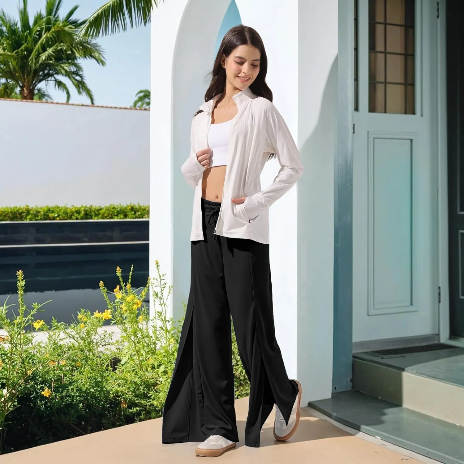 26"/28"/30" Inseam Womens Split Wide Leg Sweatpants Lightweight Petite Summer UPF50 Palazzo Strech Flowy Pants Loose Pockets