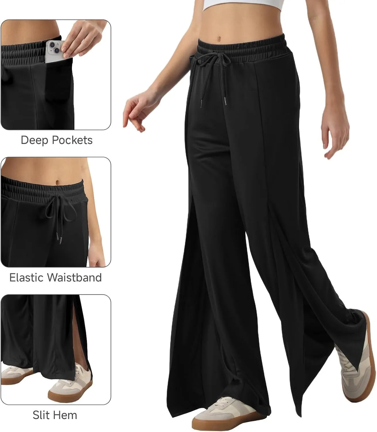 26"/28"/30" Inseam Womens Split Wide Leg Sweatpants Lightweight Petite Summer UPF50 Palazzo Strech Flowy Pants Loose Pockets