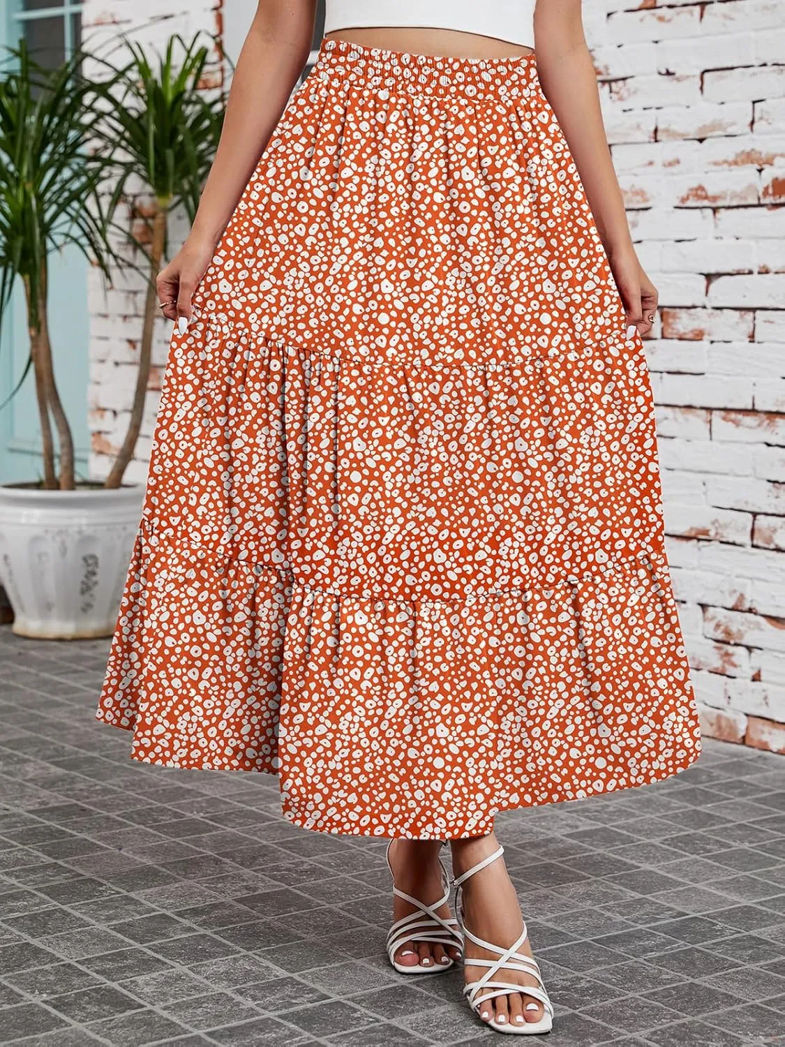 Arolina Maxi Skirt for Women Summer Boho Elastic High Waist Pleated A-Line Flowy Ruffle Swing Tiered Long Beach Skirt Dress