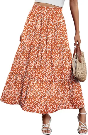 Arolina Maxi Skirt for Women Summer Boho Elastic High Waist Pleated A-Line Flowy Ruffle Swing Tiered Long Beach Skirt Dress