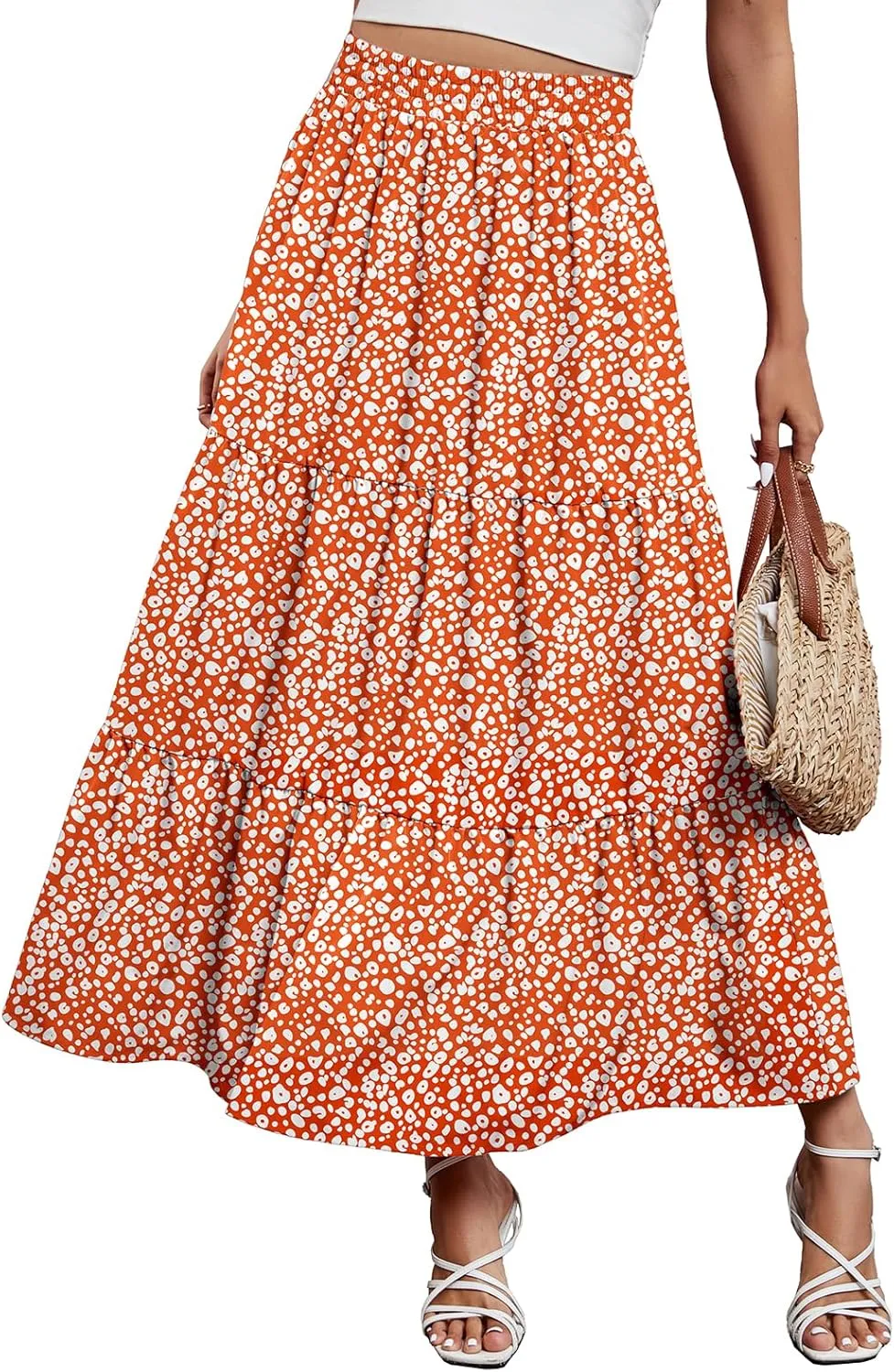 Arolina Maxi Skirt for Women Summer Boho Elastic High Waist Pleated A-Line Flowy Ruffle Swing Tiered Long Beach Skirt Dress