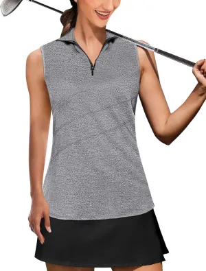 AURUZA Womens Golf Shirt, Sleeveless Polo Shirts for Women V Neck Zip Collar Athletic Workout Tennis Tank Top Summer Outfit