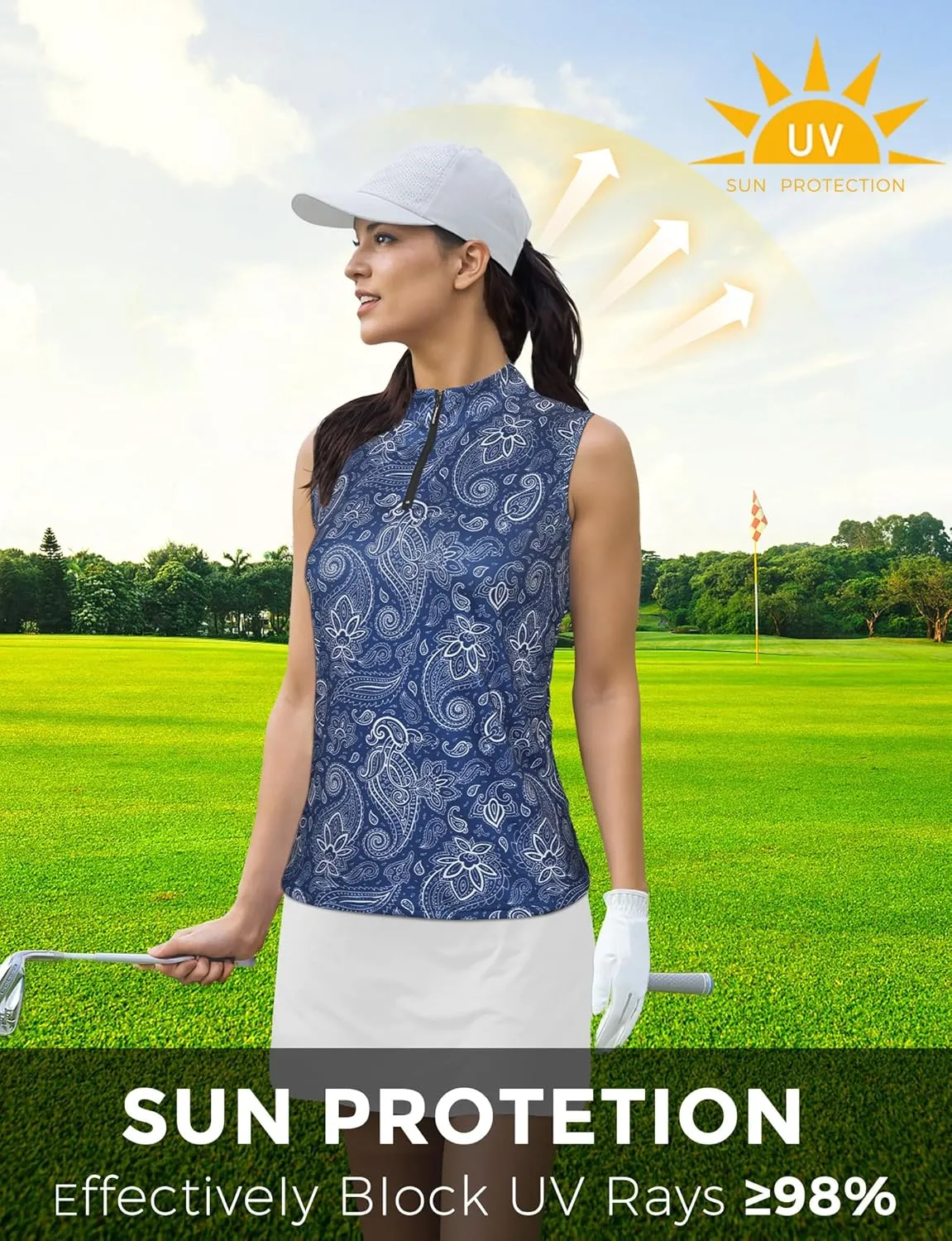 AURUZA Womens Golf Shirt, Sleeveless Polo Shirts for Women V Neck Zip Collar Athletic Workout Tennis Tank Top Summer Outfit