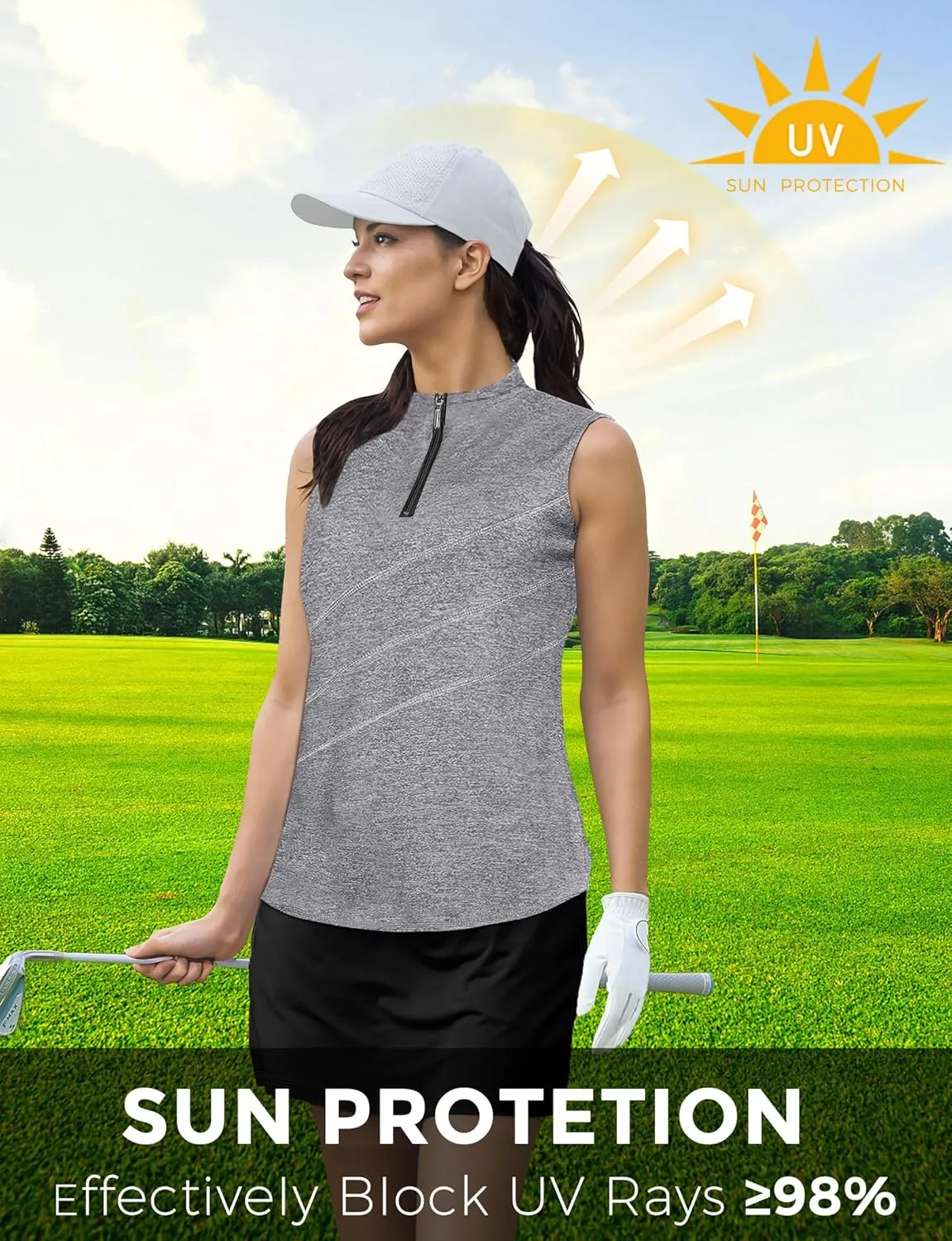 AURUZA Womens Golf Shirt, Sleeveless Polo Shirts for Women V Neck Zip Collar Athletic Workout Tennis Tank Top Summer Outfit