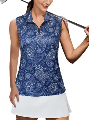 AURUZA Womens Golf Shirt, Sleeveless Polo Shirts for Women V Neck Zip Collar Athletic Workout Tennis Tank Top Summer Outfit