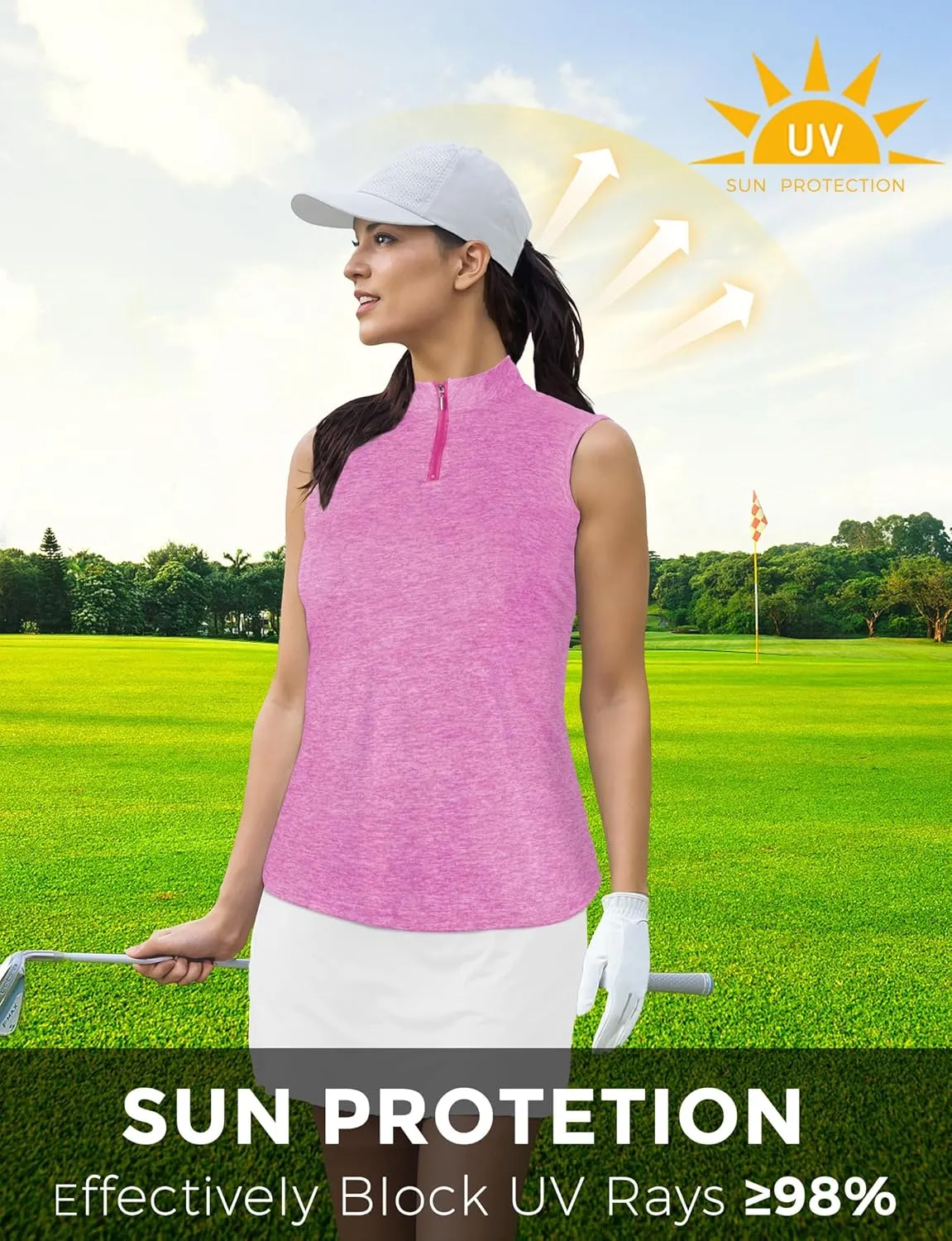 AURUZA Womens Golf Shirt, Sleeveless Polo Shirts for Women V Neck Zip Collar Athletic Workout Tennis Tank Top Summer Outfit