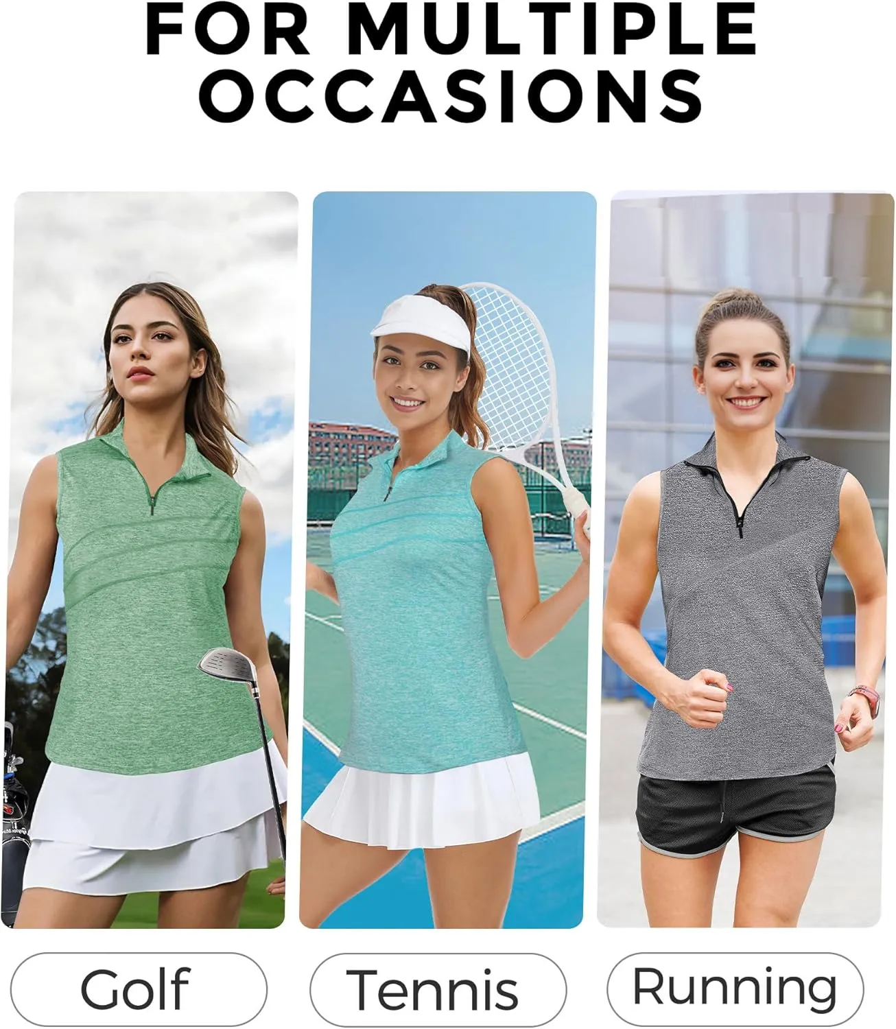 AURUZA Womens Golf Shirt, Sleeveless Polo Shirts for Women V Neck Zip Collar Athletic Workout Tennis Tank Top Summer Outfit