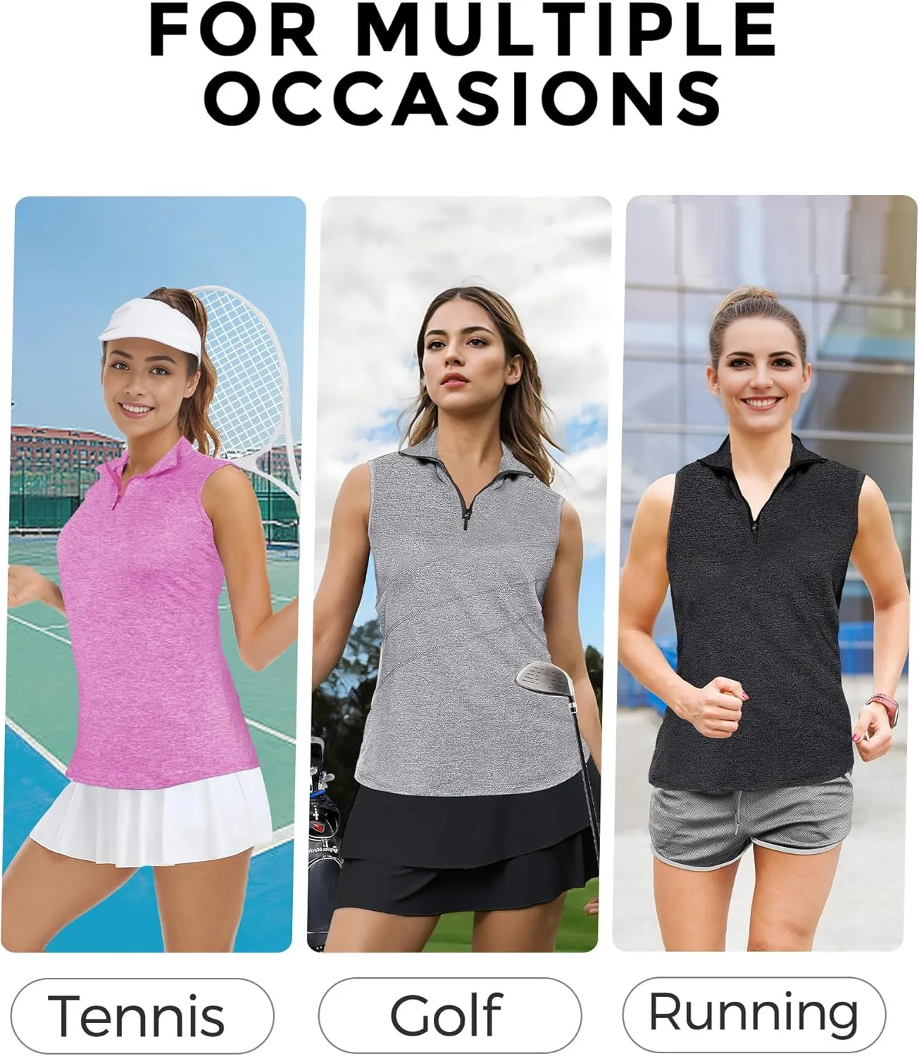AURUZA Womens Golf Shirt, Sleeveless Polo Shirts for Women V Neck Zip Collar Athletic Workout Tennis Tank Top Summer Outfit