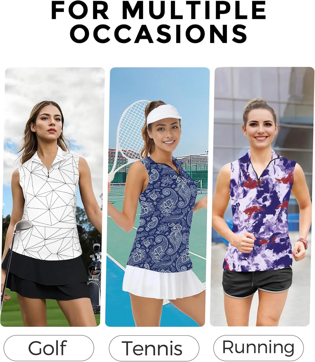 AURUZA Womens Golf Shirt, Sleeveless Polo Shirts for Women V Neck Zip Collar Athletic Workout Tennis Tank Top Summer Outfit