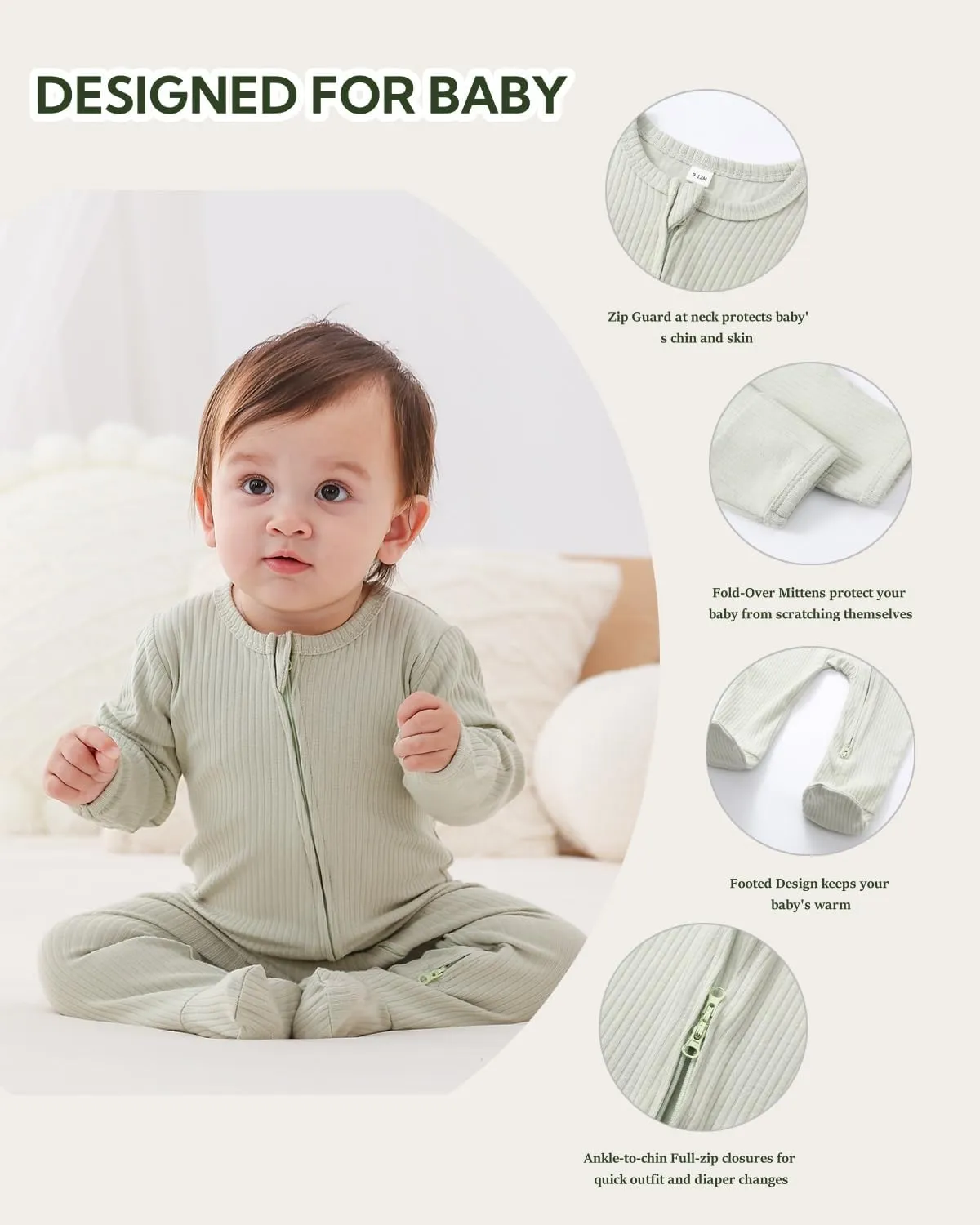 Bafeicao Newnorn Baby Footie Romper with Mitten Cuffs 2-Way Zipper Cotton Pajamas One-piece Jumpsuit Sleeper Infant Clothes
