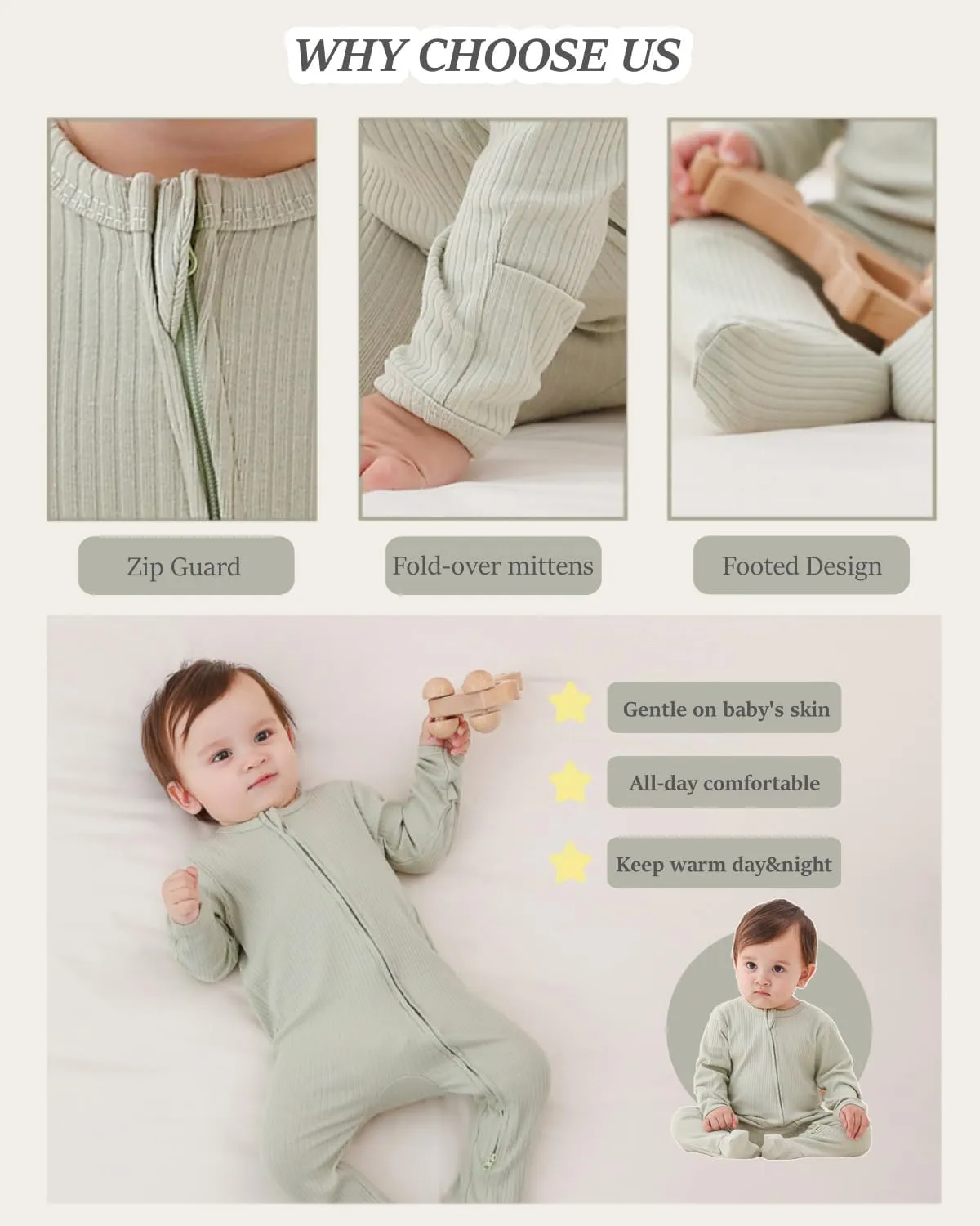 Bafeicao Newnorn Baby Footie Romper with Mitten Cuffs 2-Way Zipper Cotton Pajamas One-piece Jumpsuit Sleeper Infant Clothes