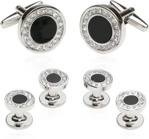 Black Onyx and Crystal Silver Cufflinks and Studs Formal Set with Travel Presentation Gift Box - 5/8" cufflinks, 3/8" studs - Men's Wedding Party Groom Groomsmen Tuxedo Shirts Accessories