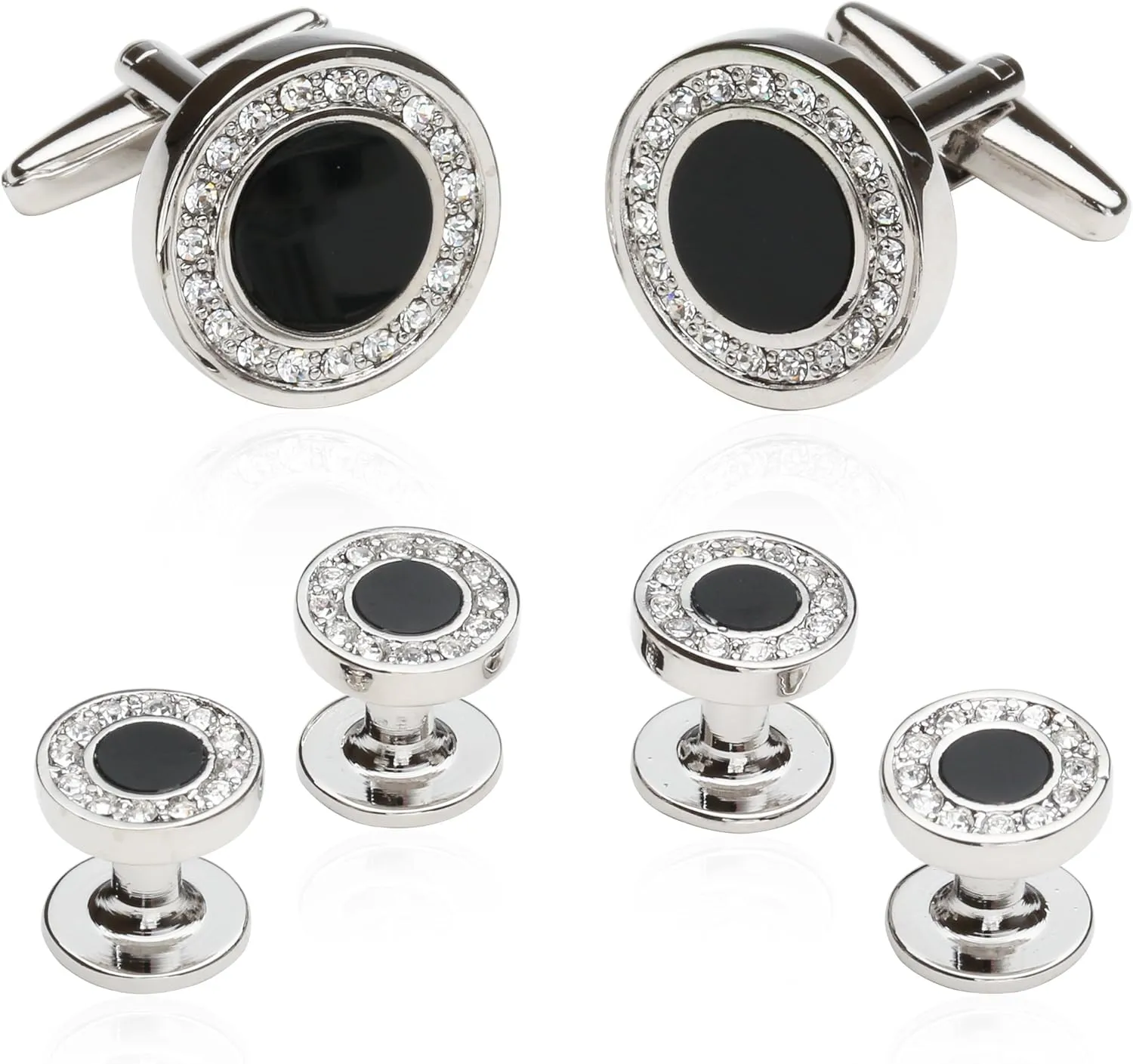 Black Onyx and Crystal Silver Cufflinks and Studs Formal Set with Travel Presentation Gift Box - 5/8" cufflinks, 3/8" studs - Men's Wedding Party Groom Groomsmen Tuxedo Shirts Accessories