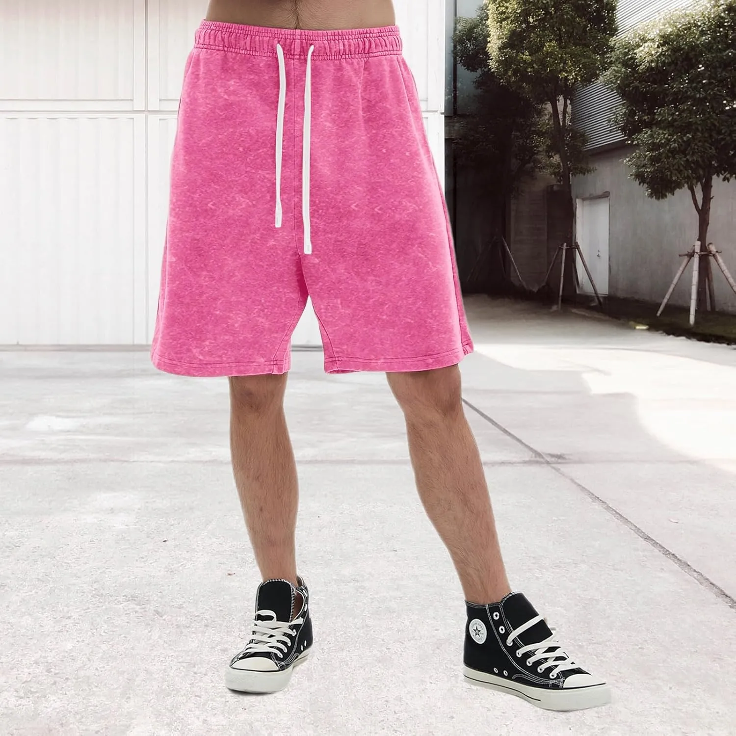 Bobeutou Mens Athletic Vintage Cotton Shorts Drawstring Summer Beach Elastic Waist Streetwear Baggy Gym Shorts with Pockets