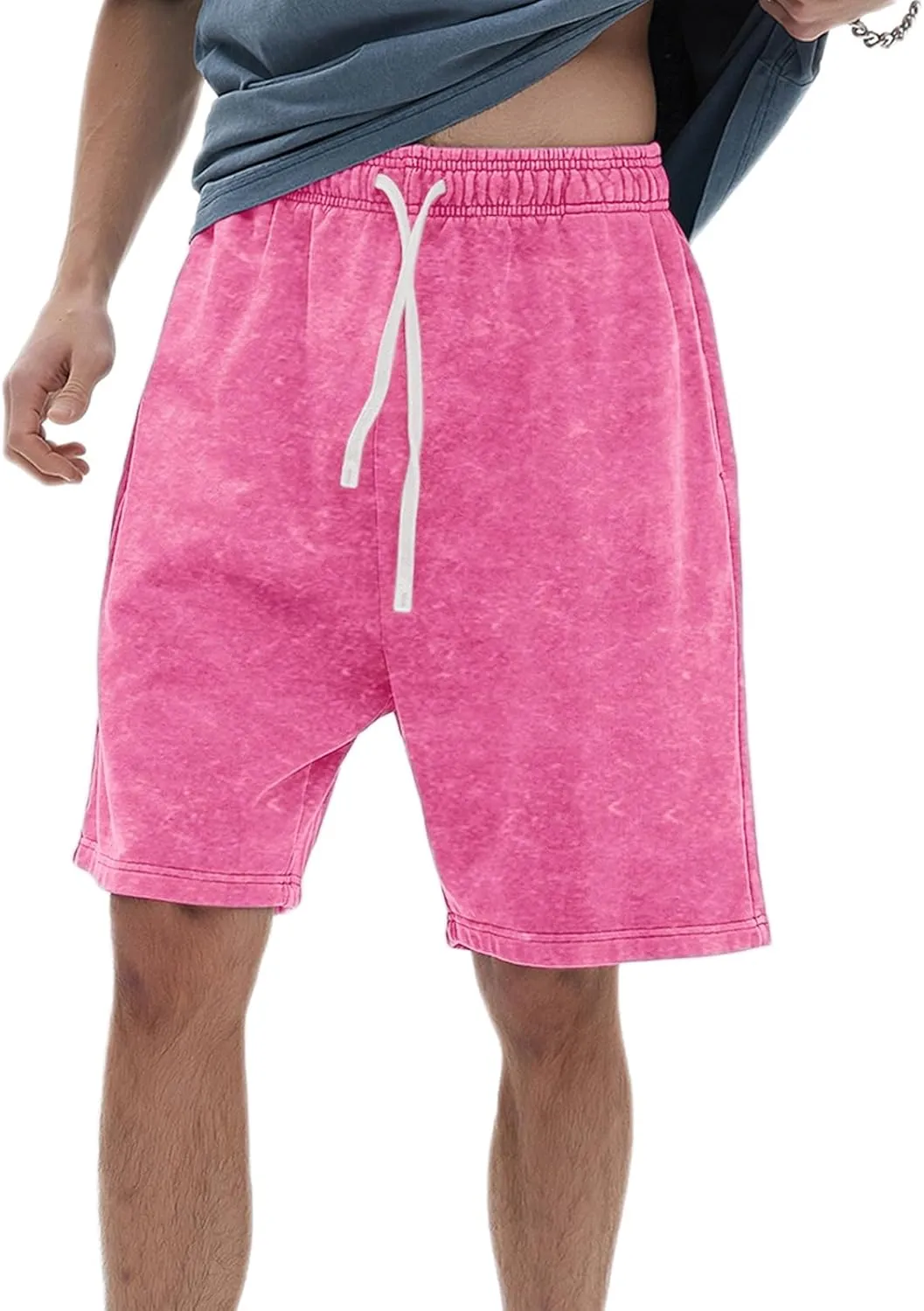 Bobeutou Mens Athletic Vintage Cotton Shorts Drawstring Summer Beach Elastic Waist Streetwear Baggy Gym Shorts with Pockets