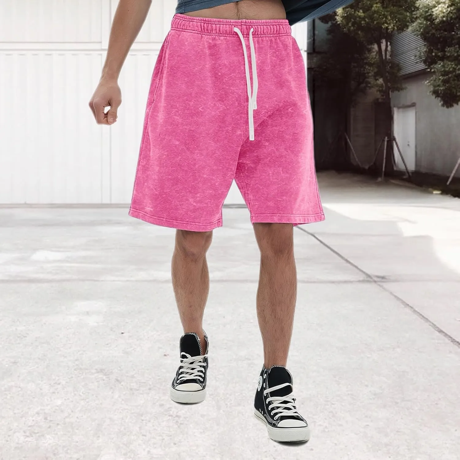 Bobeutou Mens Athletic Vintage Cotton Shorts Drawstring Summer Beach Elastic Waist Streetwear Baggy Gym Shorts with Pockets