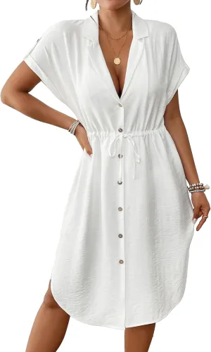 Bsubseach Women 2025 Swimsuit Coverup Button Bathing Suit Cover Ups Short Sleeve Shirt Cover Up Dress Beach Dress