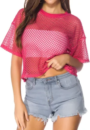 CLOZOZ Women's Mesh Cover Up See Through Fishnet T-Shirt Crop Top