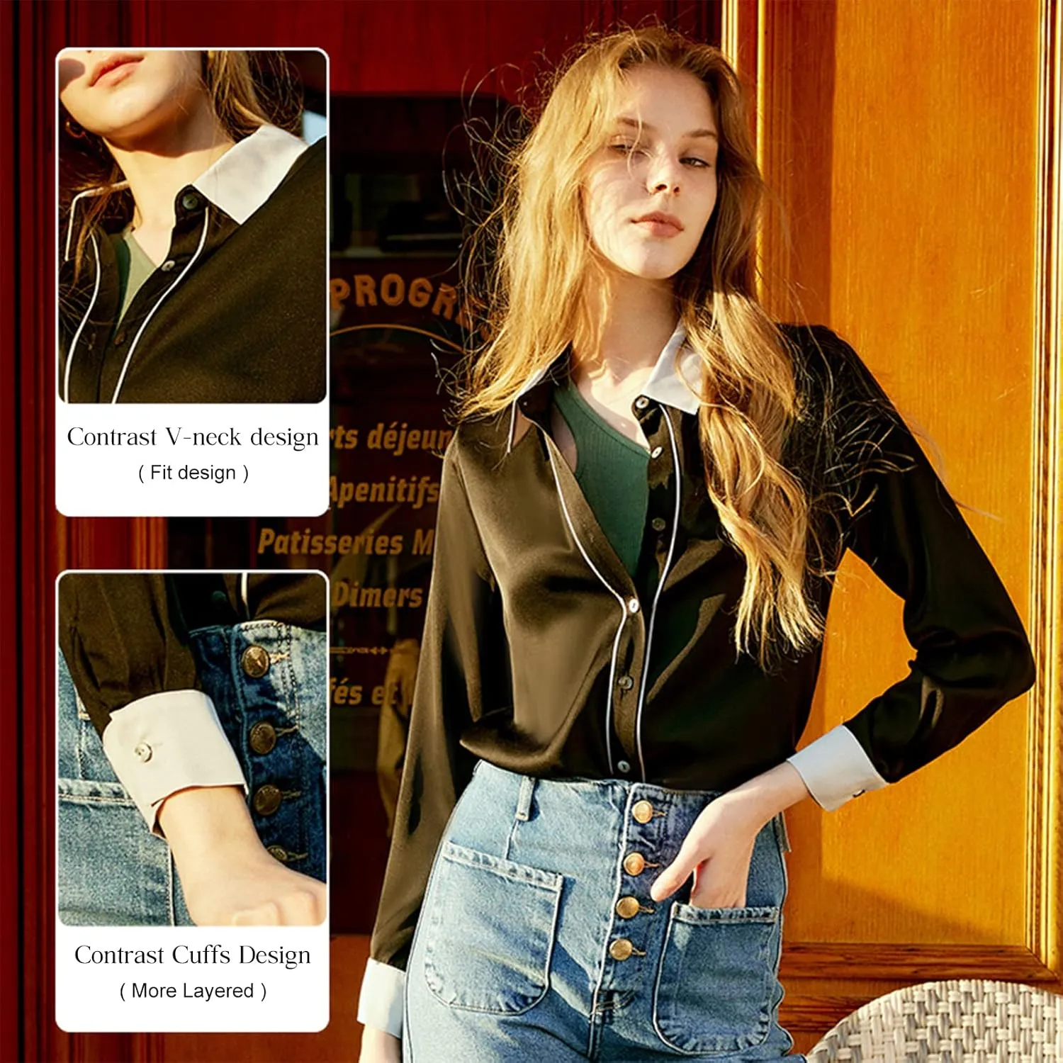 COLD POSH Silk Blouses for Women Long Sleeve Womens 100% Pure Silk Blouses Elegant Button Down Shirt Smooth Tops Cool Shirts