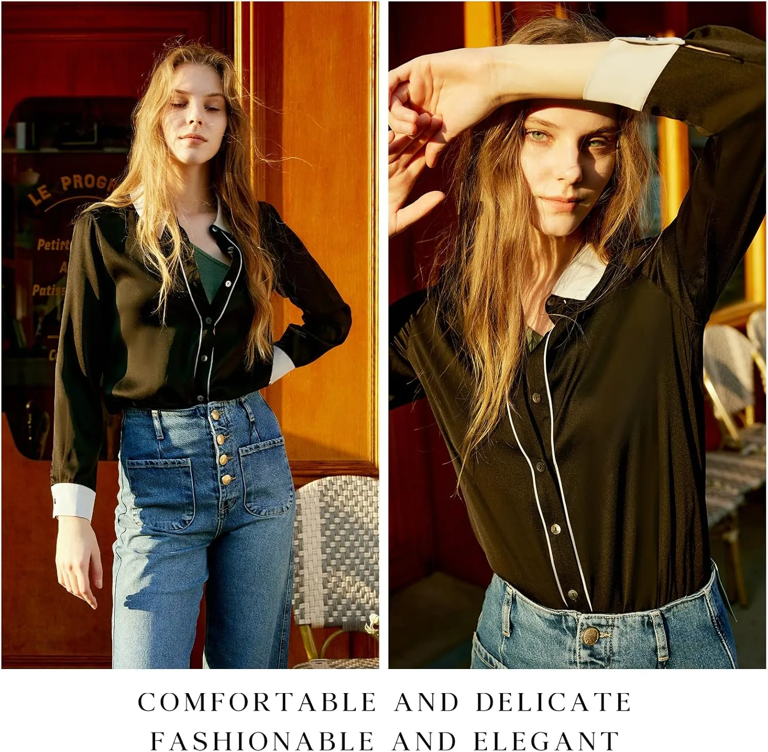 COLD POSH Silk Blouses for Women Long Sleeve Womens 100% Pure Silk Blouses Elegant Button Down Shirt Smooth Tops Cool Shirts