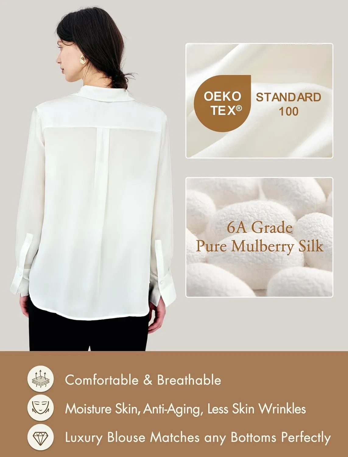 COLD POSH Silk Blouses for Women Long Sleeve Womens 100% Pure Silk Blouses Elegant Button Down Shirt Smooth Tops Cool Shirts
