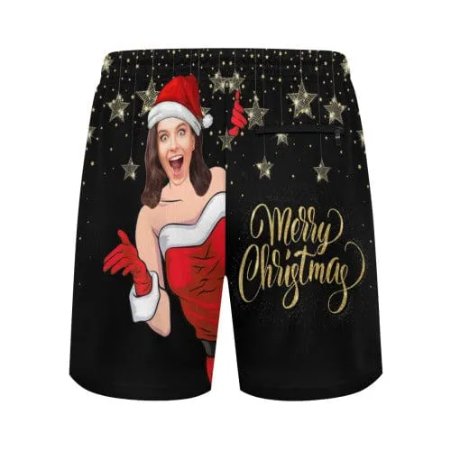 Custom Face Christmas Red Hat Star Men's Quick Dry 2 in 1 Surfing & Beach Shorts Male Gym Fitness Shorts