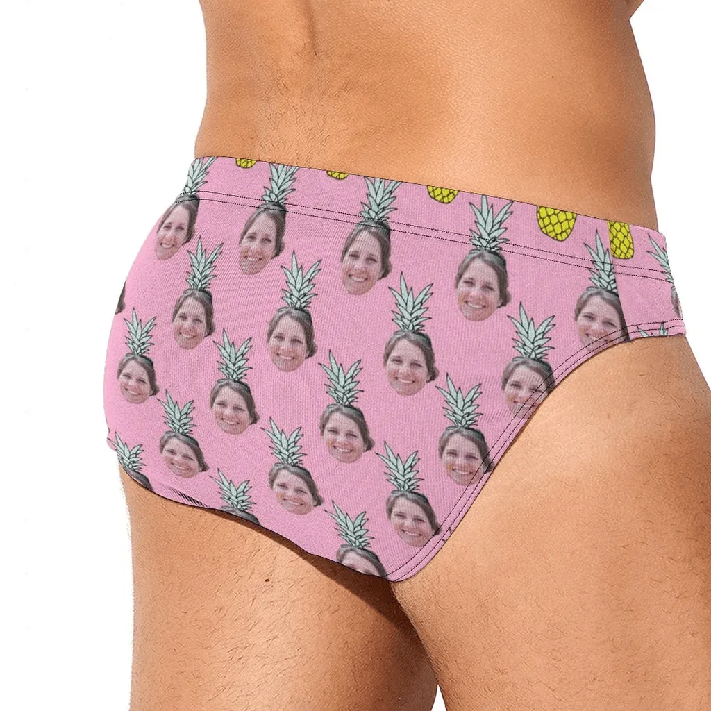 Custom Face on Triangle Swim Briefs Personalized Pineapple Men's Swim Shorts with Girlfriend's Face