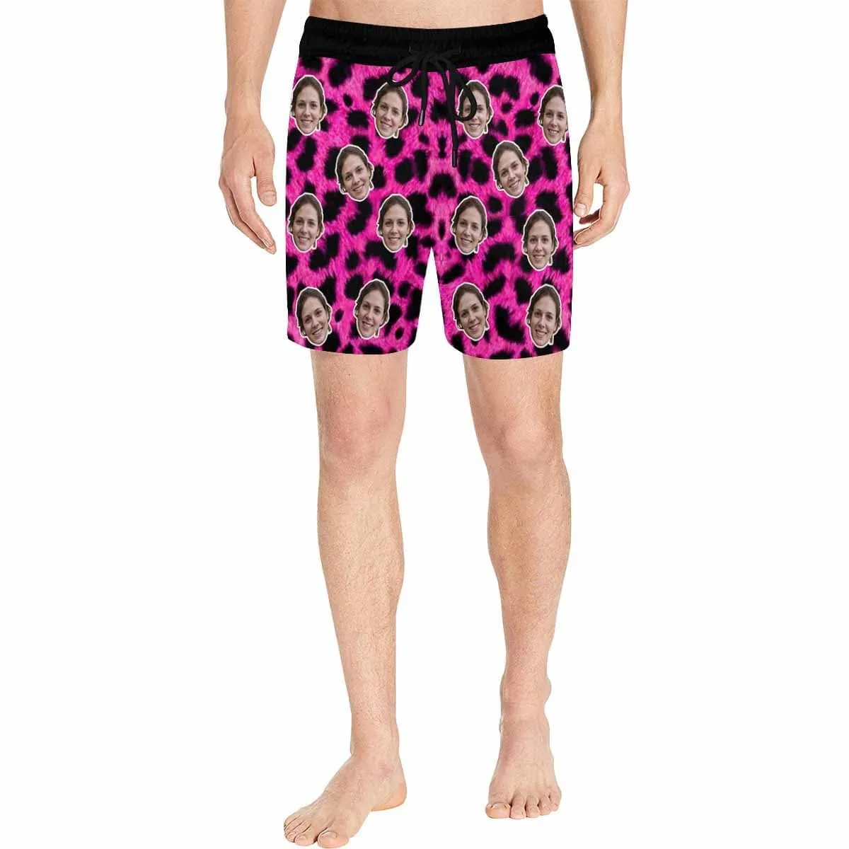 Customized Swim Trunks with Face Personalized Pink Leopard Men's Quick Dry Swim Shorts