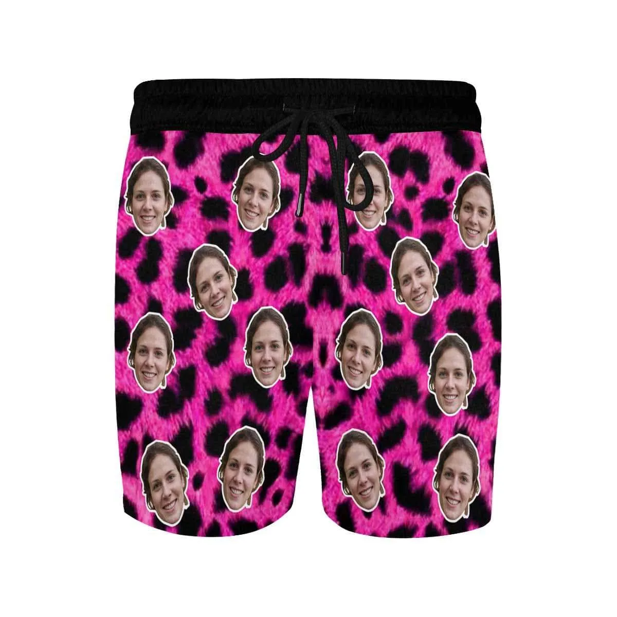 Customized Swim Trunks with Face Personalized Pink Leopard Men's Quick Dry Swim Shorts