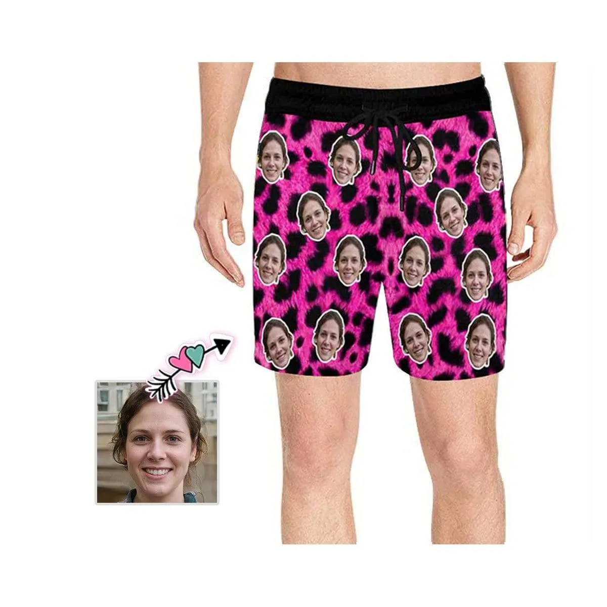 Customized Swim Trunks with Face Personalized Pink Leopard Men's Quick Dry Swim Shorts