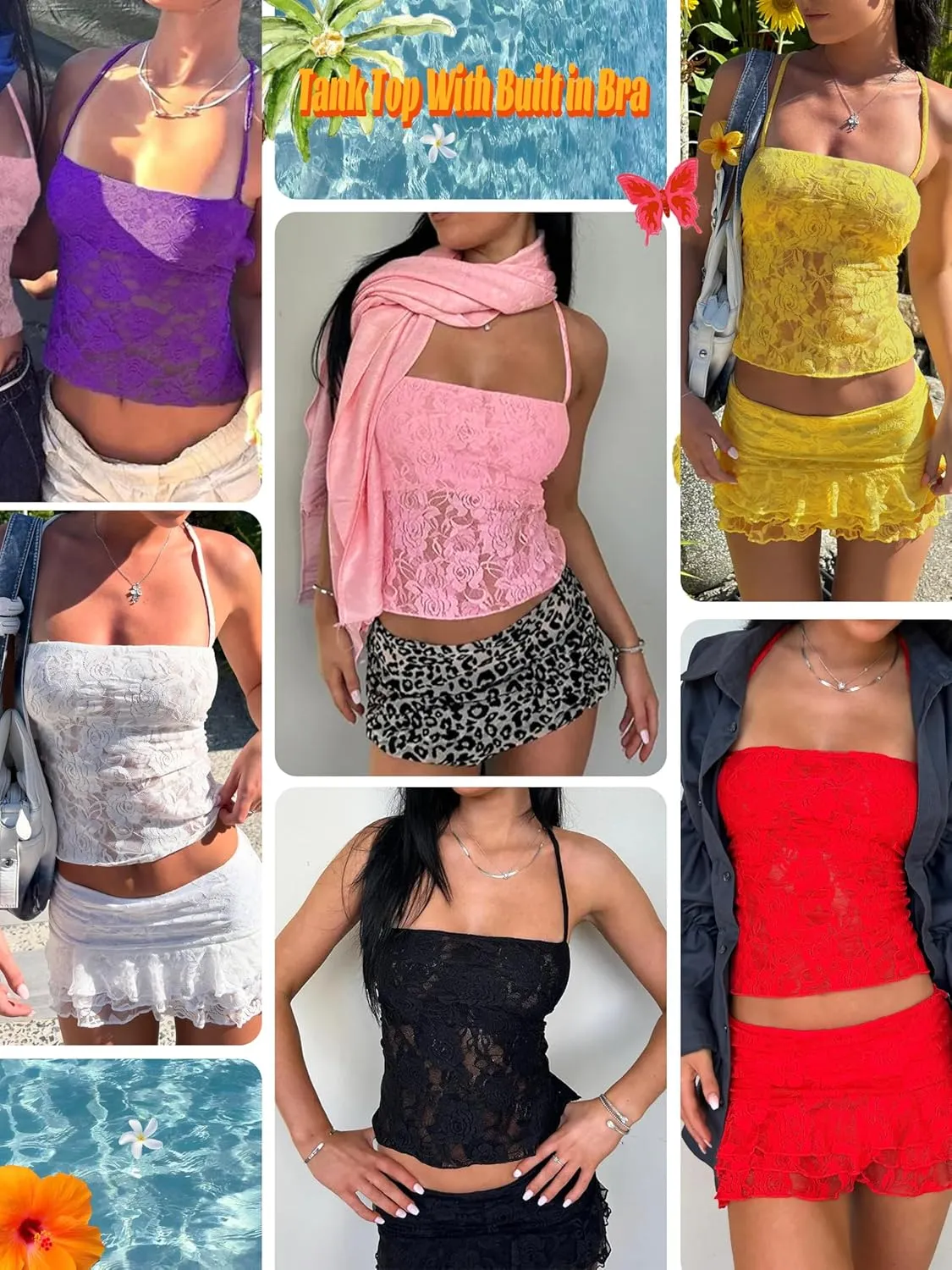 Danysu Lace Halter Tops Backless Tie Back Tank Top with Built in Bra Y2K Summer Going Out Tube Tops