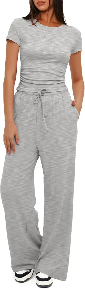 Darong Women's 2 Piece Outfits Lounge Sets Ruched Short Sleeve Tops High Waisted Wide Leg Pants Tracksuit Sets