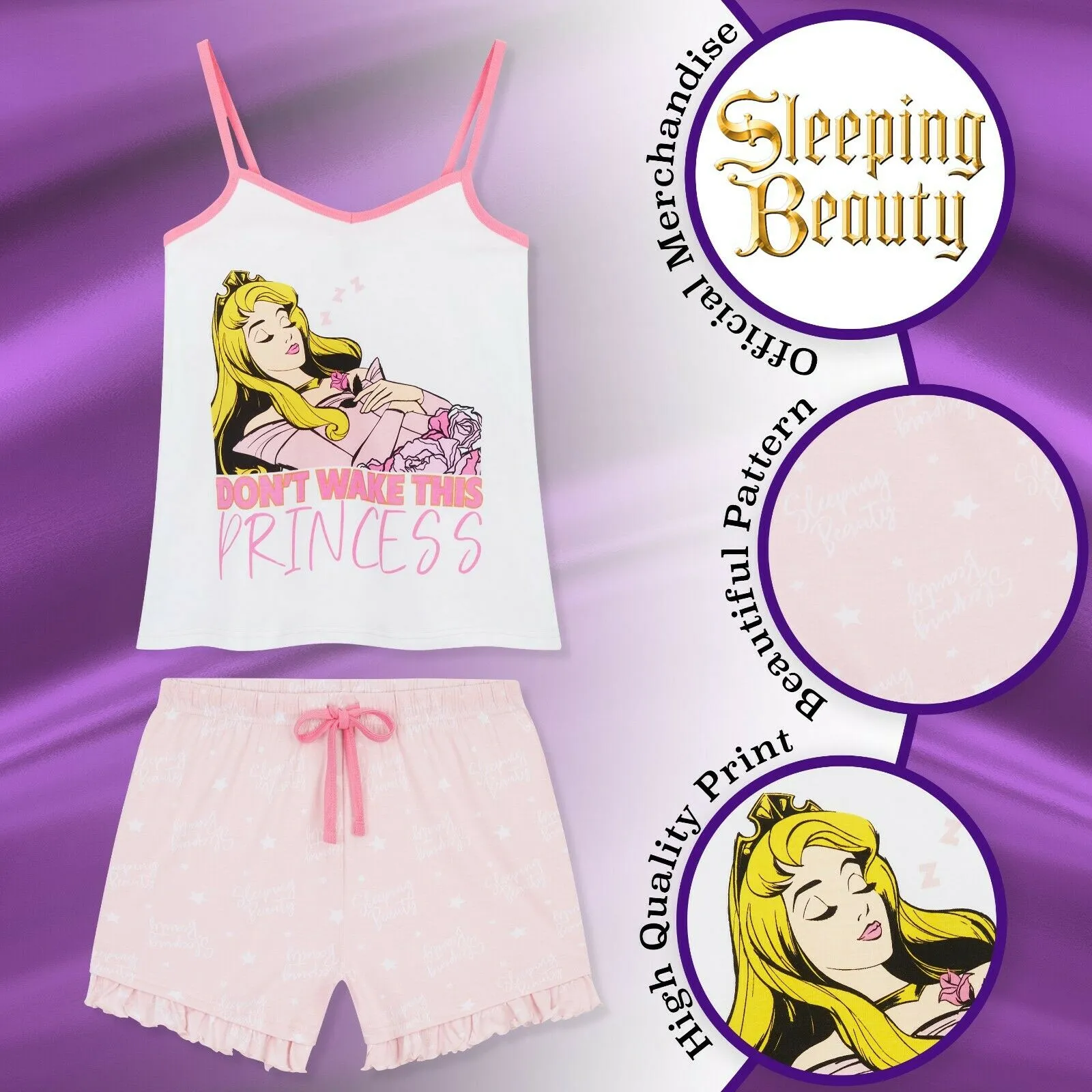 Disney Ladies Pyjamas Set, Cami Top & Sleep Shorts Sleeping Beauty Women PJs