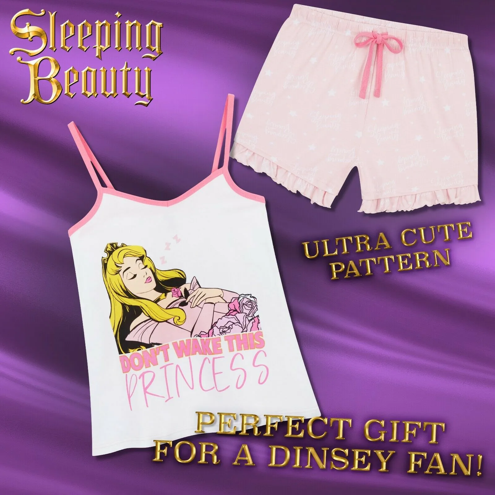Disney Ladies Pyjamas Set, Cami Top & Sleep Shorts Sleeping Beauty Women PJs