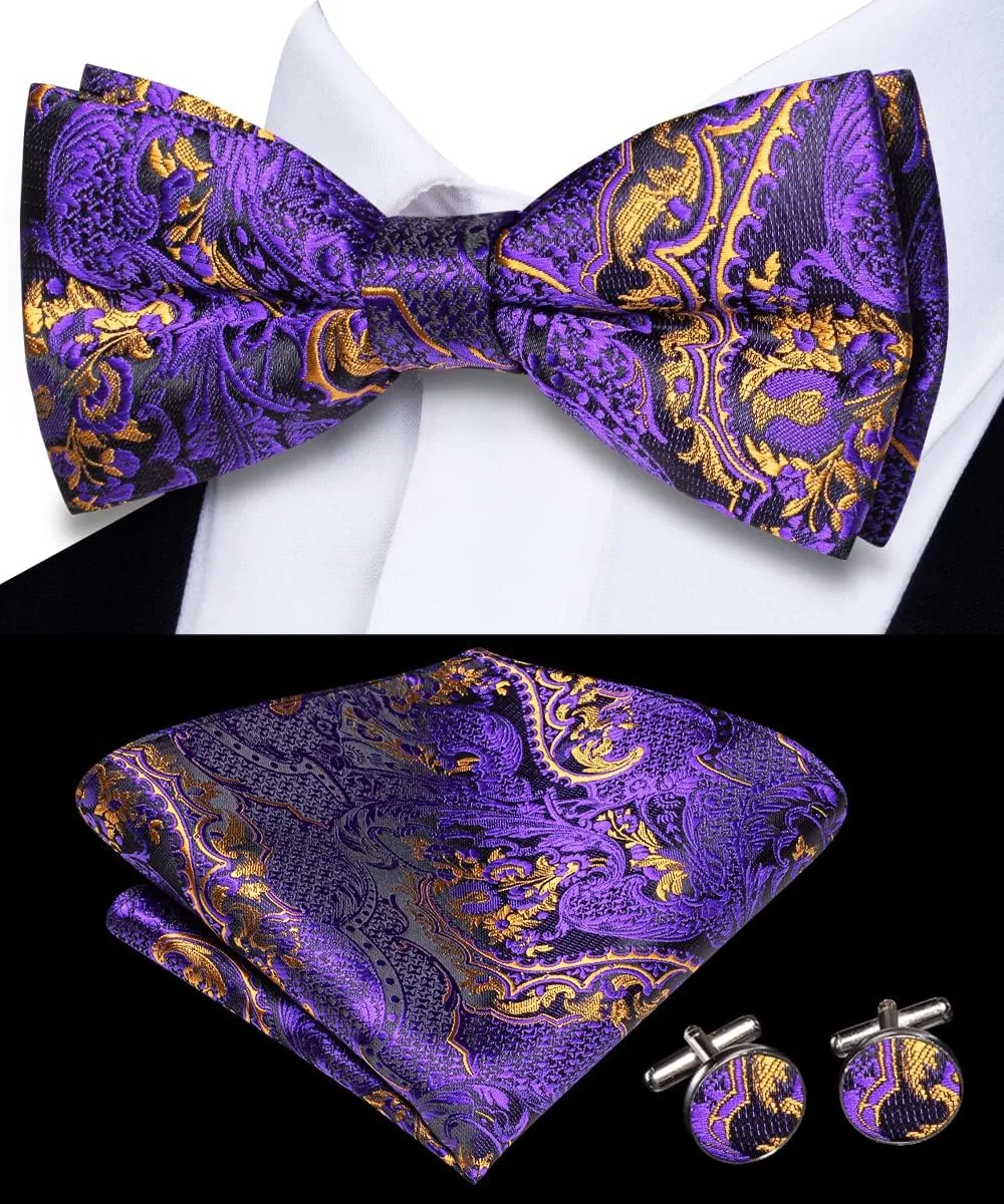 Dubulle Bowtie for Men Paisley Floral Mens Pretied Bowtie and Lapel Pin Set Pocket Square Cufflinks Wedding