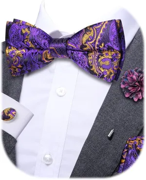 Dubulle Bowtie for Men Paisley Floral Mens Pretied Bowtie and Lapel Pin Set Pocket Square Cufflinks Wedding