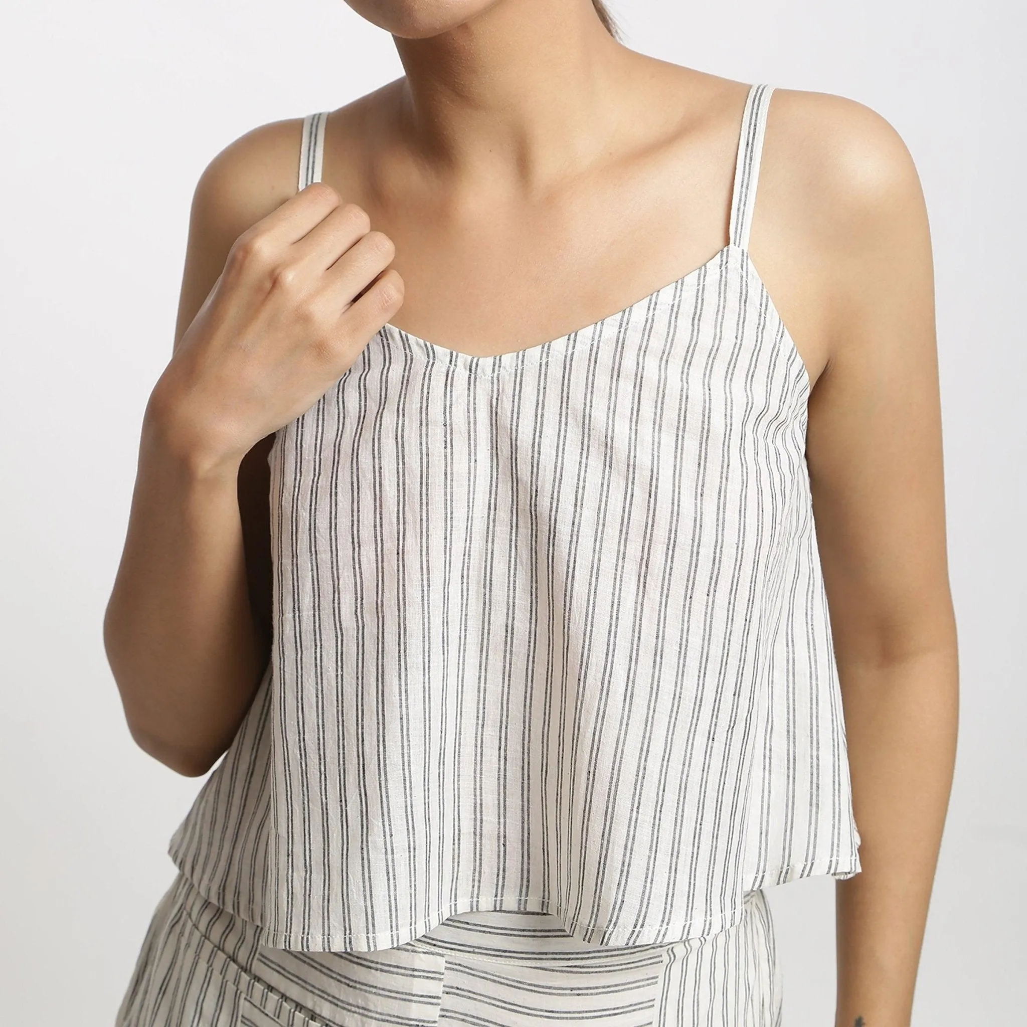 Ecru Striped Cotton Muslin Top and Off-White Paneled Shorts Co-ord Set