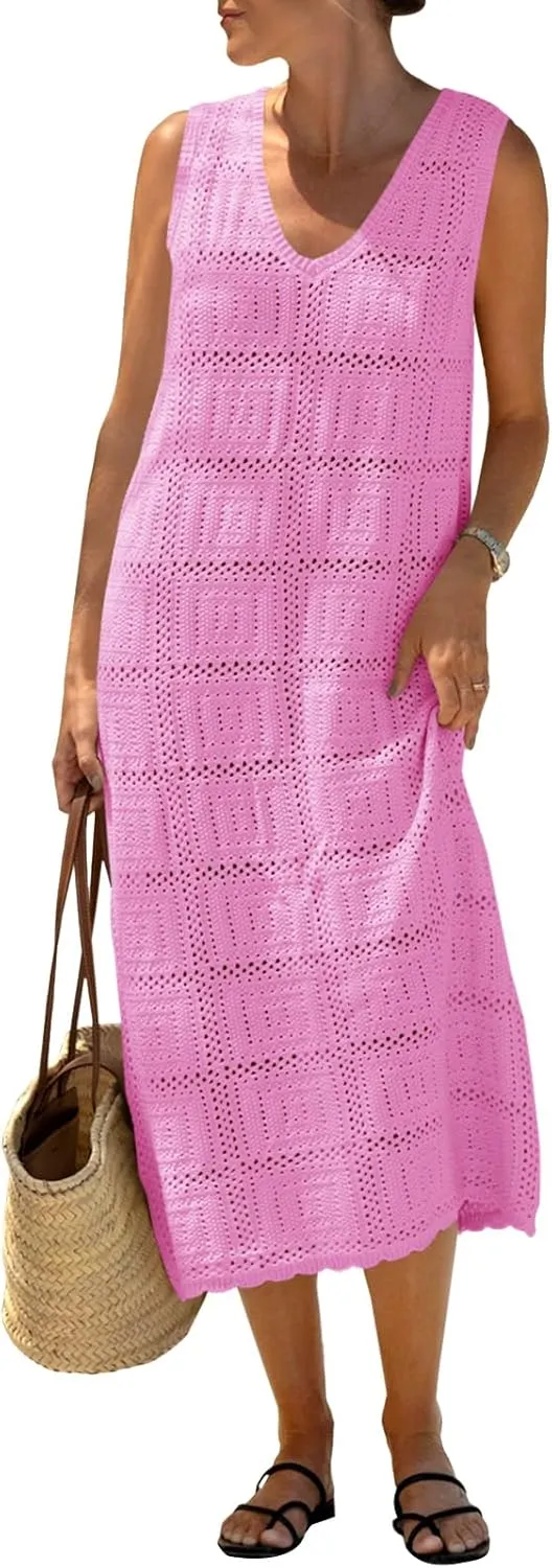 Fisoew Womens Crochet Sleeveless Dress Casual Summer V Neck Boho Knit Cover Up Beach Vacation Midi Tank Dresses