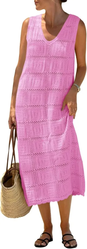 Fisoew Womens Crochet Sleeveless Dress Casual Summer V Neck Boho Knit Cover Up Beach Vacation Midi Tank Dresses