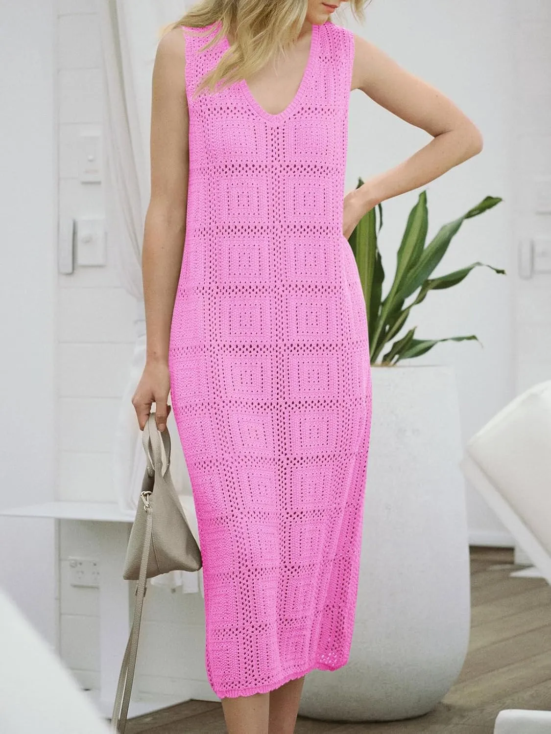 Fisoew Womens Crochet Sleeveless Dress Casual Summer V Neck Boho Knit Cover Up Beach Vacation Midi Tank Dresses