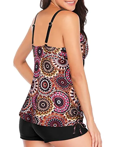 Flowy Tankini Top With Shorts Bathing Suit Tummy Control Swimwear For Women-Brown Print