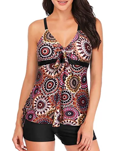 Flowy Tankini Top With Shorts Bathing Suit Tummy Control Swimwear For Women-Brown Print