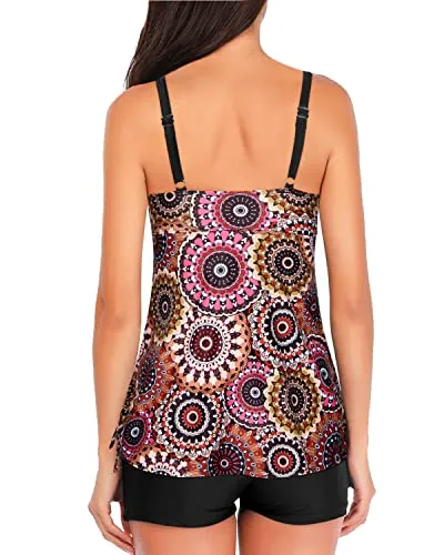 Flowy Tankini Top With Shorts Bathing Suit Tummy Control Swimwear For Women-Brown Print