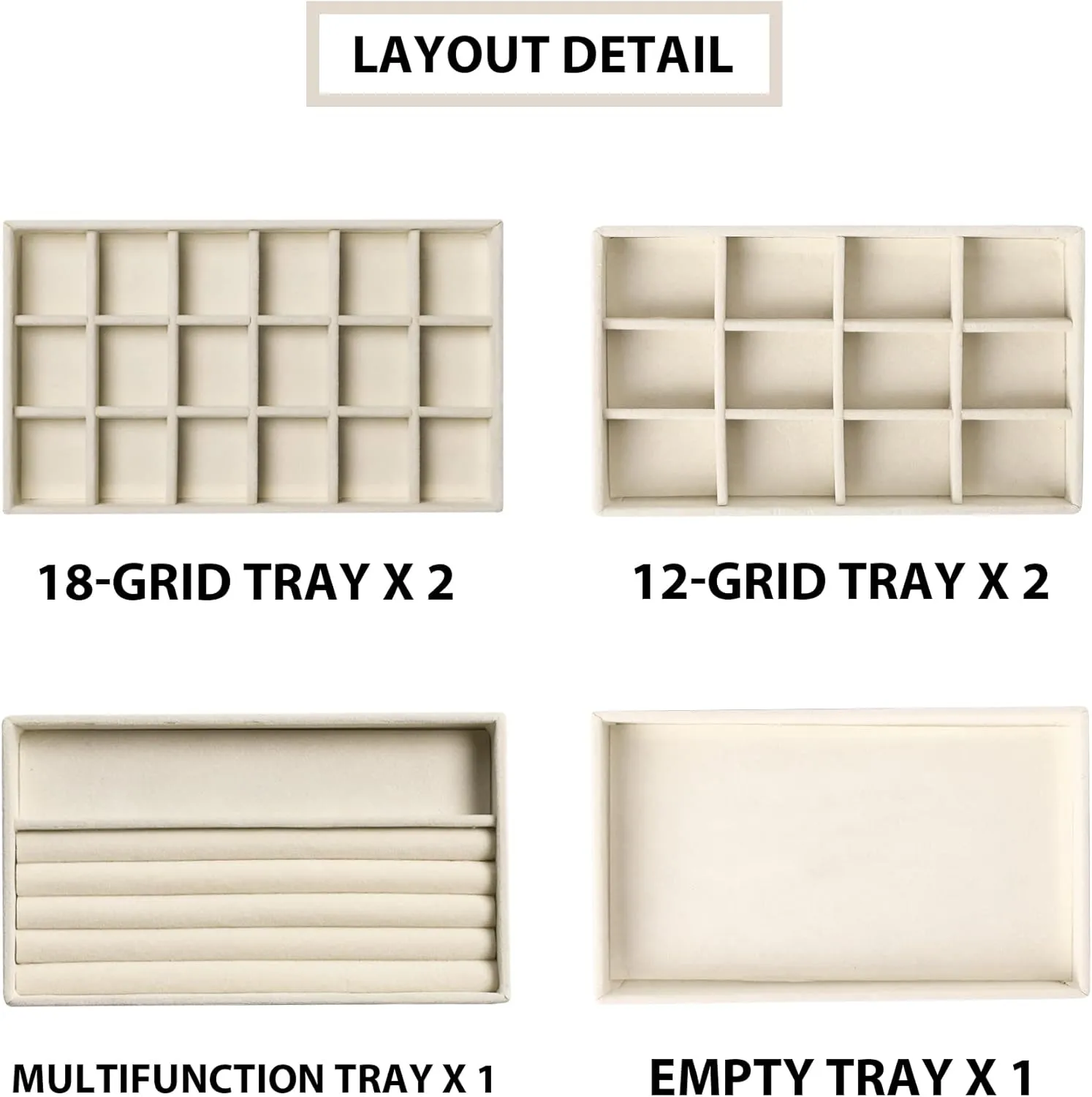 Frebeauty Jewelry Organizer Tray,Stackable Velvet Jewelry Trays,Drawer Inserts Earring Organizer For Women Jewelry Storage Display Case for Rings Stud Necklaces,Set of 6(Beige)