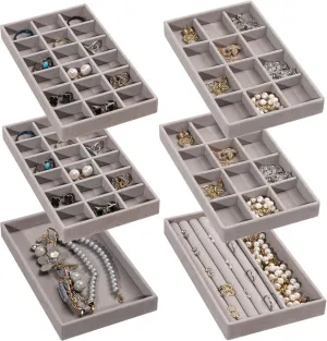 Frebeauty Jewelry Organizer Tray,Stackable Velvet Jewelry Trays,Drawer Inserts Earring Organizer For Women Jewelry Storage Display Case for Rings Stud Necklaces,Set of 6(Grey)