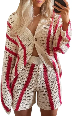 Gihuo Women' s Y2K 2 Piece Knit Outfits Striped Sweater Shorts Set Color Block Long Sleeve Button Up Shirts Shorts