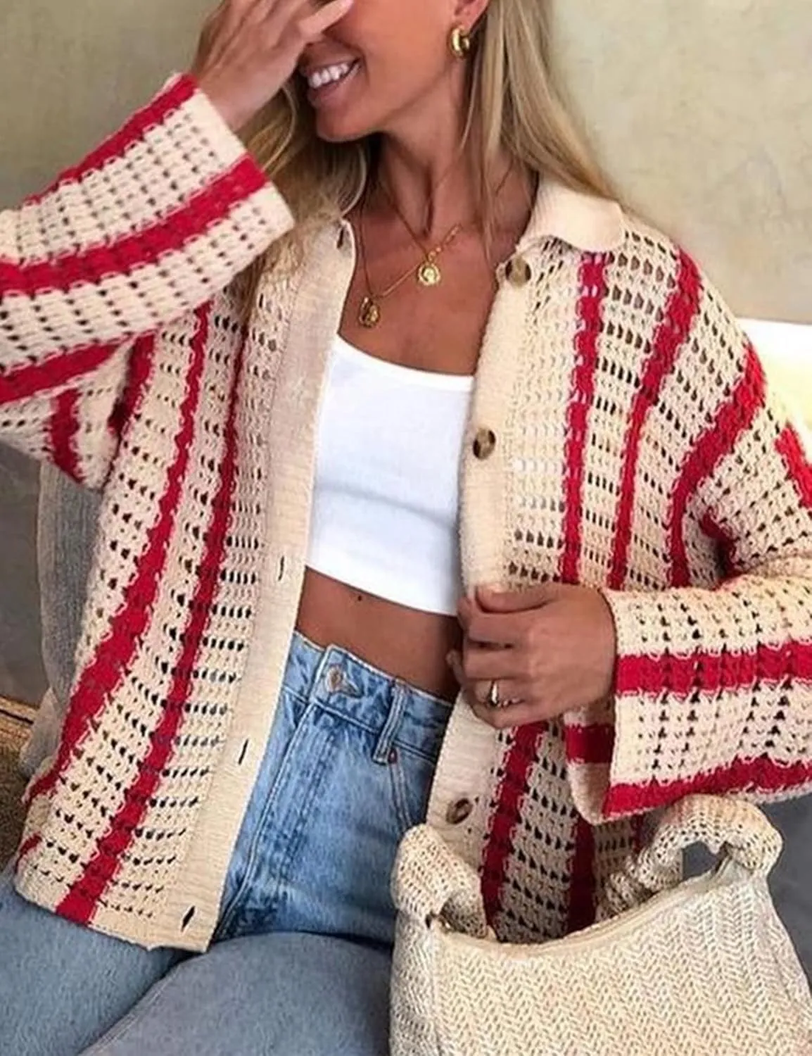 Gihuo Women' s Y2K 2 Piece Knit Outfits Striped Sweater Shorts Set Color Block Long Sleeve Button Up Shirts Shorts