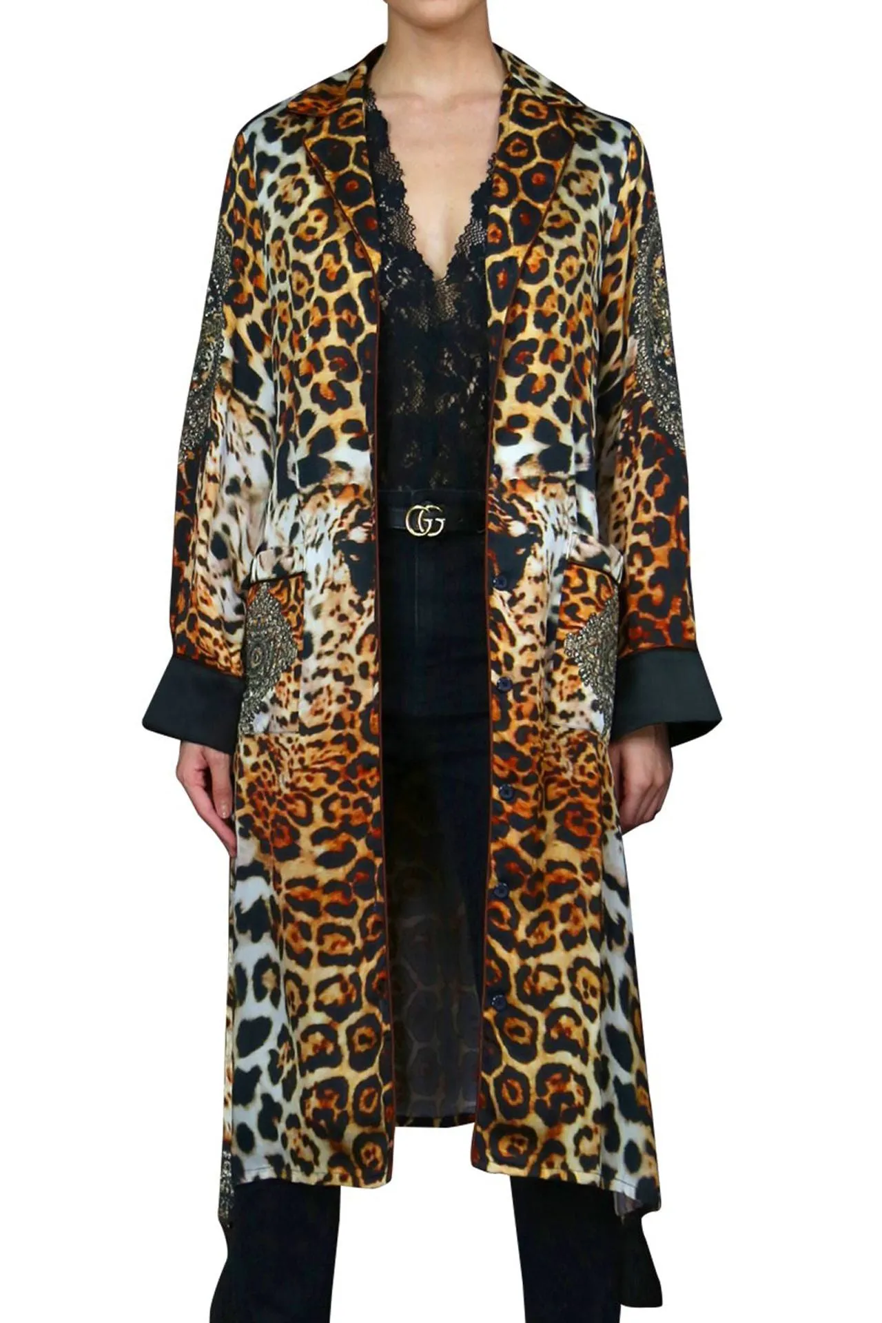 Leopard Print Black Cuffed Short Robe