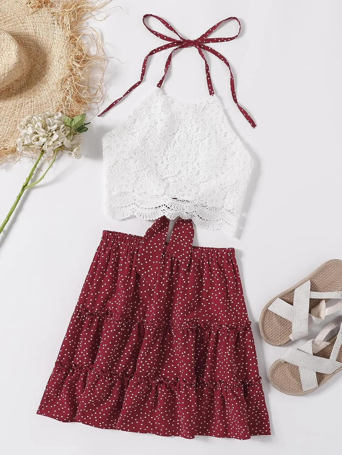 LYANER Women's 2 Piece Outfits Summer Lace Halter Cami Crop Top with Floral Mini Skirt Set