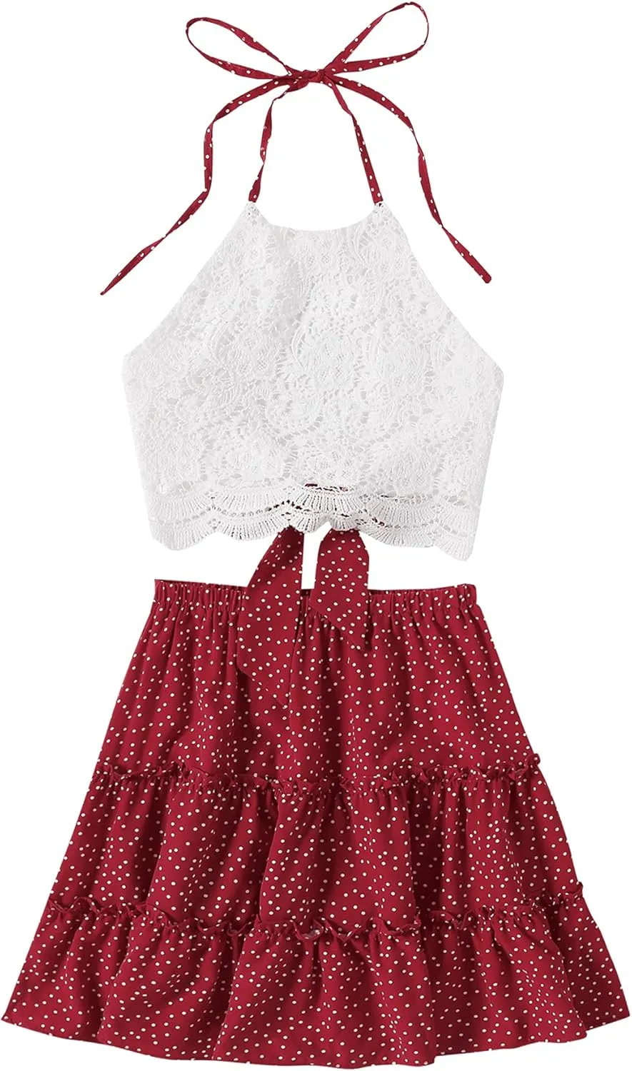 LYANER Women's 2 Piece Outfits Summer Lace Halter Cami Crop Top with Floral Mini Skirt Set